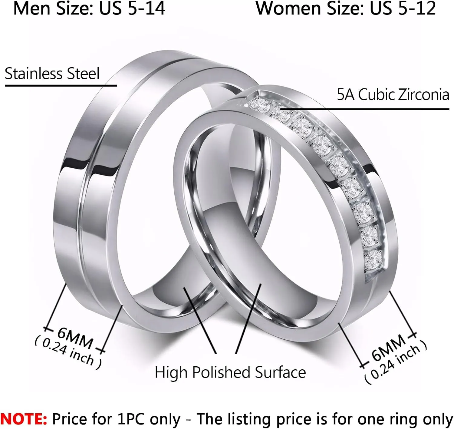 His & Hers Couple Ring Promise Ring Stainless Steel Couple Wedding Engagement Bands Cubic Zirconia CZ Band for Women Men Lovers Matching Princess Cut Bridal Jewelry Gifts Comfort Fit Size 5-15