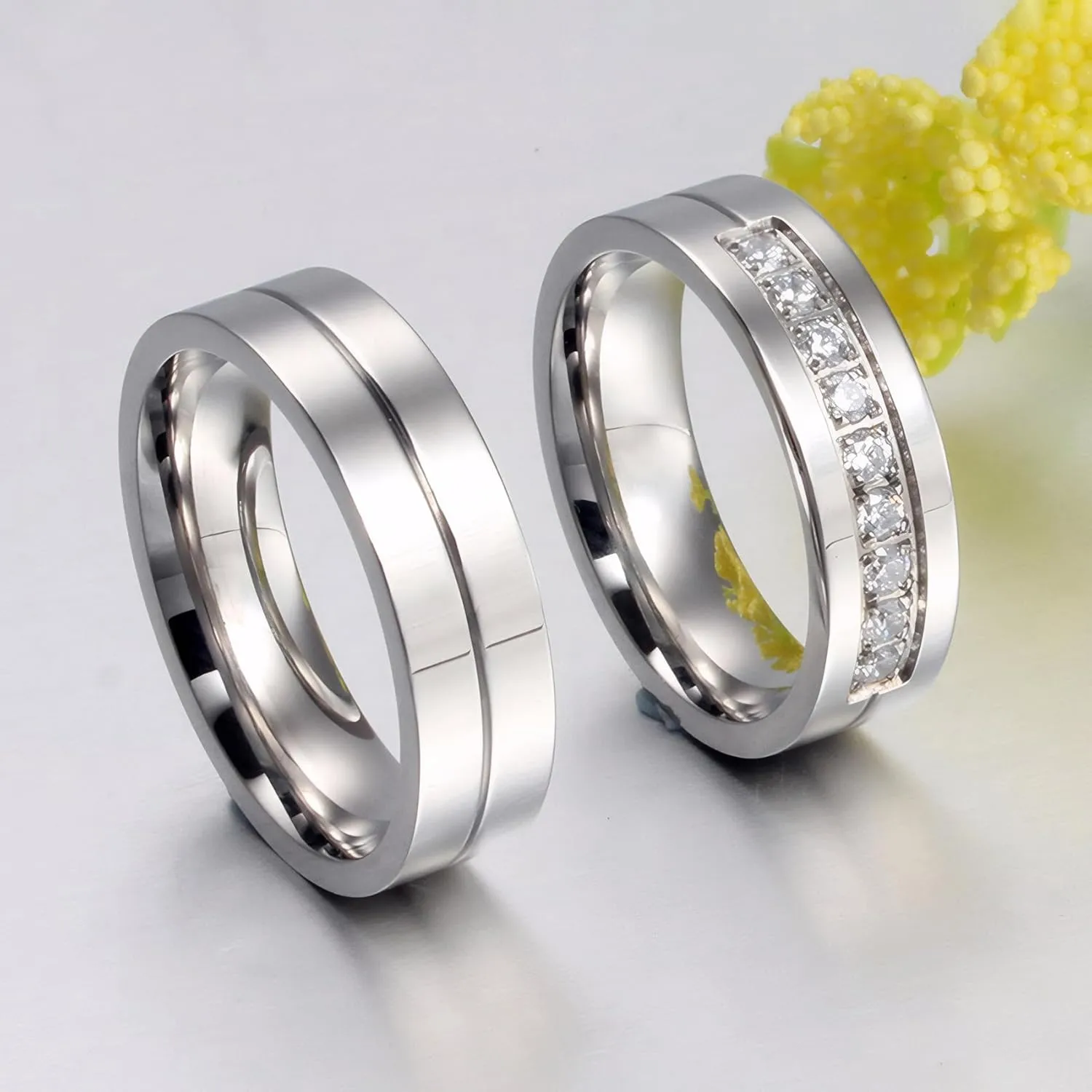 His & Hers Couple Ring Promise Ring Stainless Steel Couple Wedding Engagement Bands Cubic Zirconia CZ Band for Women Men Lovers Matching Princess Cut Bridal Jewelry Gifts Comfort Fit Size 5-15