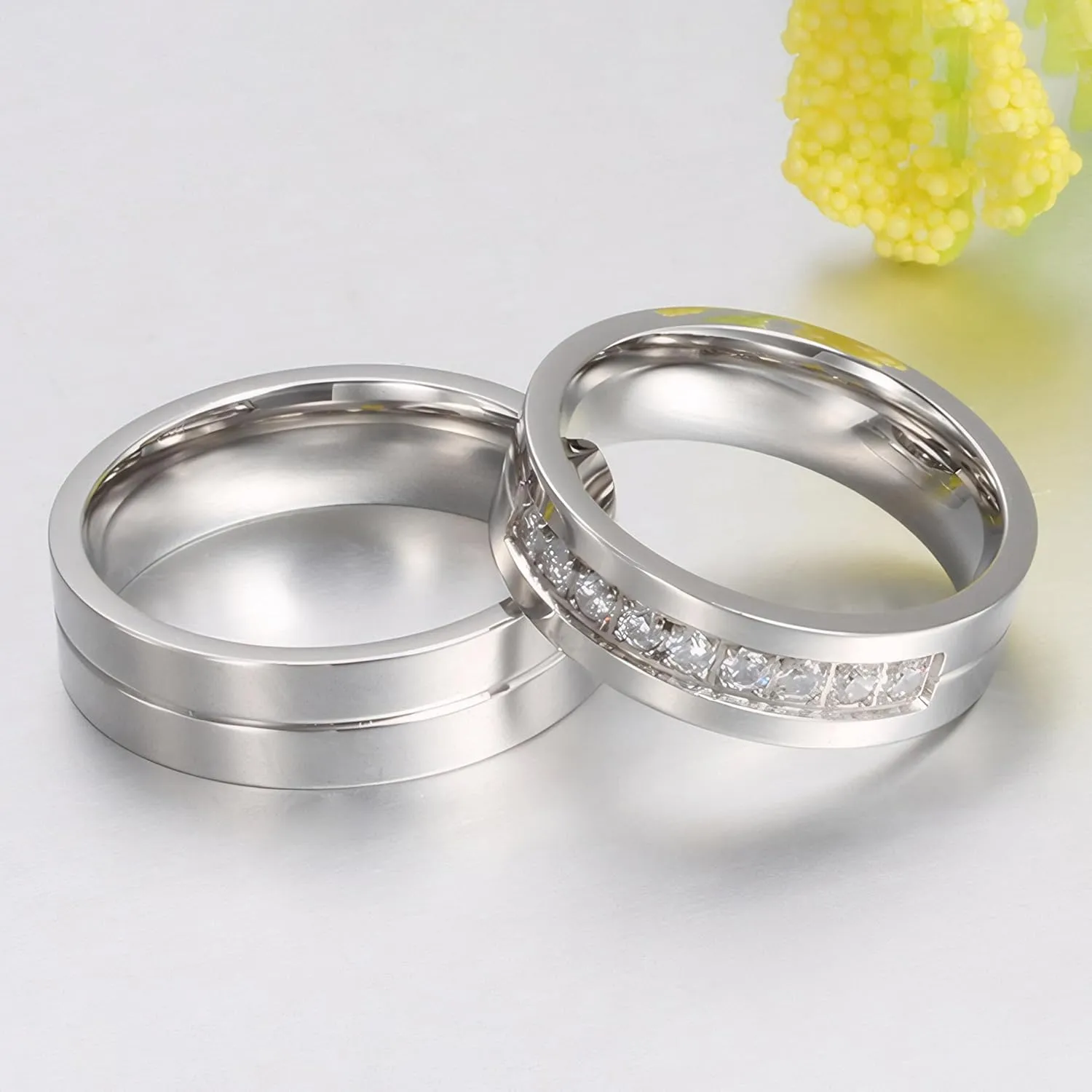 His & Hers Couple Ring Promise Ring Stainless Steel Couple Wedding Engagement Bands Cubic Zirconia CZ Band for Women Men Lovers Matching Princess Cut Bridal Jewelry Gifts Comfort Fit Size 5-15