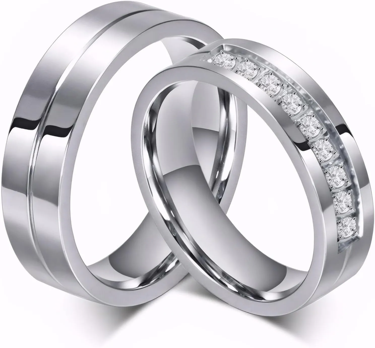 His & Hers Couple Ring Promise Ring Stainless Steel Couple Wedding Engagement Bands Cubic Zirconia CZ Band for Women Men Lovers Matching Princess Cut Bridal Jewelry Gifts Comfort Fit Size 5-15