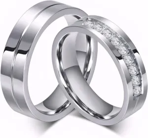 His & Hers Couple Ring Promise Ring Stainless Steel Couple Wedding Engagement Bands Cubic Zirconia CZ Band for Women Men Lovers Matching Princess Cut Bridal Jewelry Gifts Comfort Fit Size 5-15