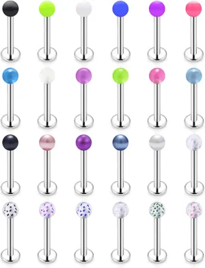 Hoeudjo 24PCS 14G Surgical Steel Lip Rings Labret Studs Piercing Jewelry for Women Men Tragus Cartilage Conch Helix Earring Stud 6mm 8mm 10mm Bar Length