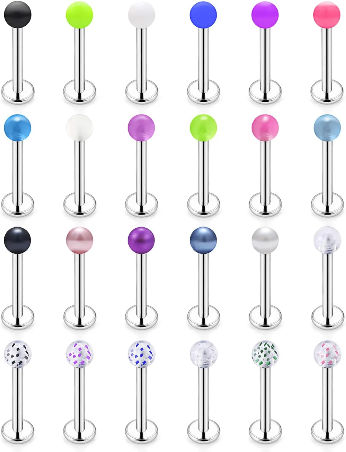 Hoeudjo 24PCS 14G Surgical Steel Lip Rings Labret Studs Piercing Jewelry for Women Men Tragus Cartilage Conch Helix Earring Stud 6mm 8mm 10mm Bar Length
