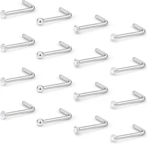 Hoeudjo Nose Studs Surgical Steel Cubic Zirconia Nose Rings Kit for Women Men Tiny Nose Stud Screw & Bone & L Shaped Nostril Rings Piercing Jewelry 22 Gauge 16 Pieces