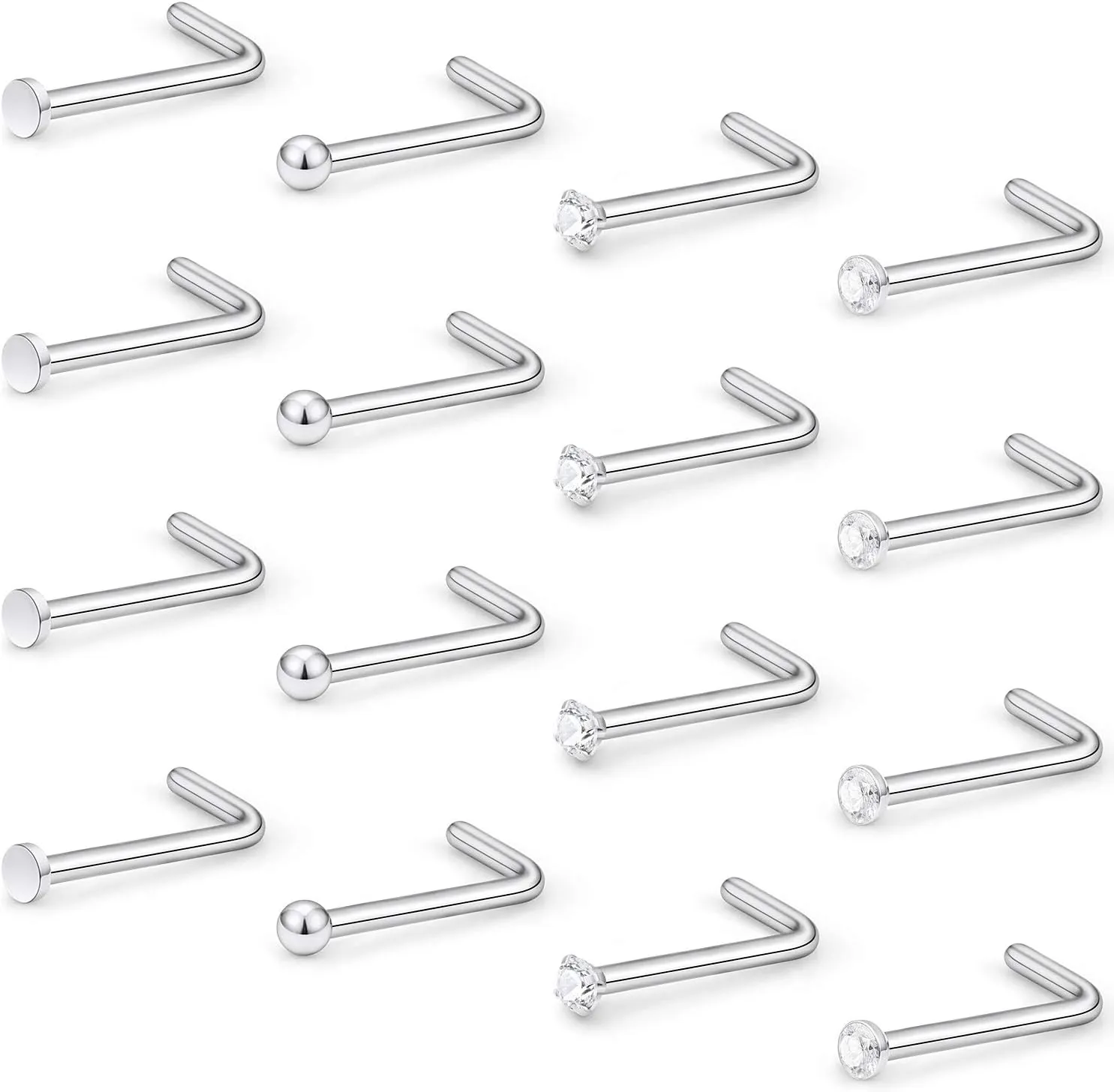 Hoeudjo Nose Studs Surgical Steel Cubic Zirconia Nose Rings Kit for Women Men Tiny Nose Stud Screw & Bone & L Shaped Nostril Rings Piercing Jewelry 22 Gauge 16 Pieces
