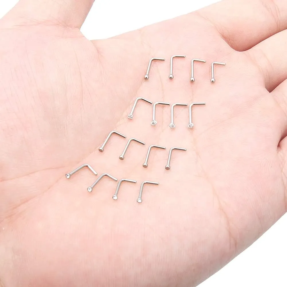 Hoeudjo Nose Studs Surgical Steel Cubic Zirconia Nose Rings Kit for Women Men Tiny Nose Stud Screw & Bone & L Shaped Nostril Rings Piercing Jewelry 22 Gauge 16 Pieces