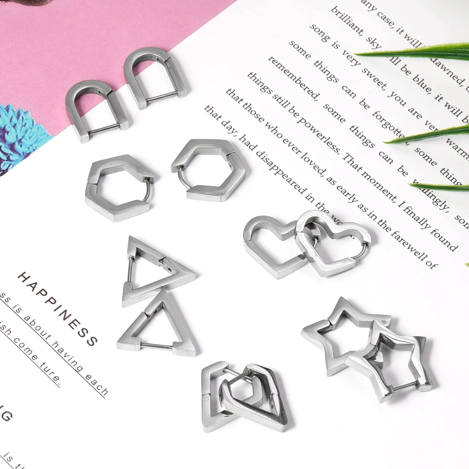 Hoop Huggie Earrings Set for Women Men, Geometric Stainless Steel Triangle Diamond Hexagon Star Oval Heart Shape Clip On Hoops Dangle Aretes Para Mujer Earrings Jewelry Gold Silver Black