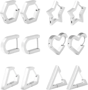 Hoop Huggie Earrings Set for Women Men, Geometric Stainless Steel Triangle Diamond Hexagon Star Oval Heart Shape Clip On Hoops Dangle Aretes Para Mujer Earrings Jewelry Gold Silver Black