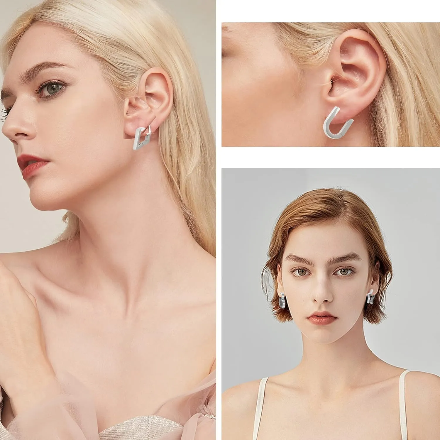 Hoop Huggie Earrings Set for Women Men, Geometric Stainless Steel Triangle Diamond Hexagon Star Oval Heart Shape Clip On Hoops Dangle Aretes Para Mujer Earrings Jewelry Gold Silver Black