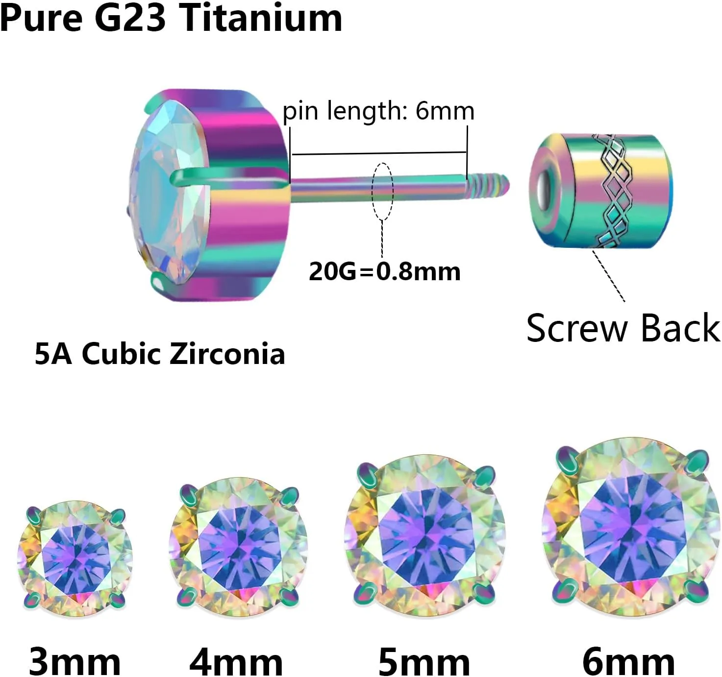 Hopply Hypoallergenic G23 Pure Titanium Earrings, 20G Implant Grade Flatback 5A Cubic Zirconia Earrings Studs, Suitable for Women Men Sensitive Ears Jewelry Gift
