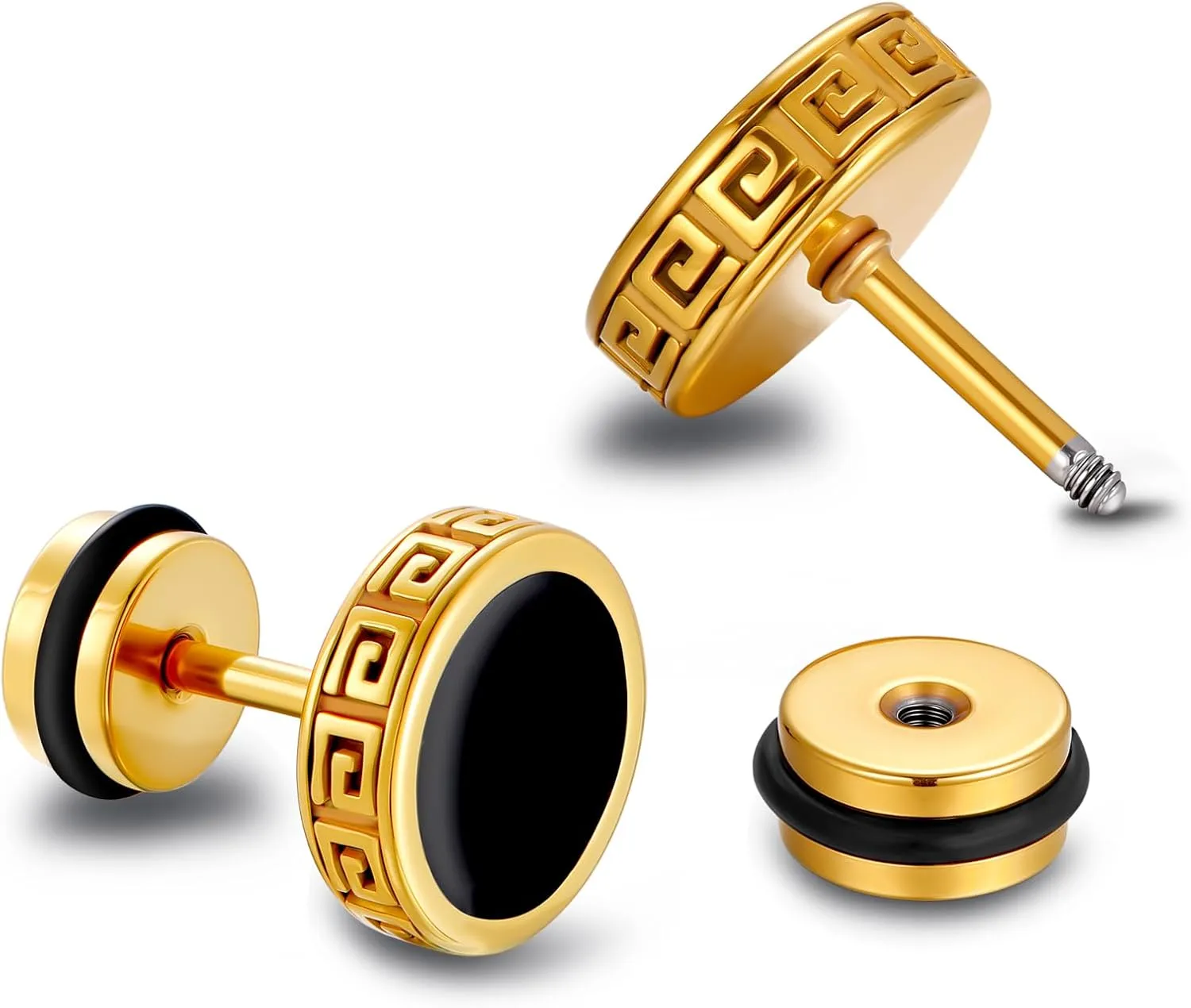 Hypoallergenic earrings for men,Mens surgical steel black stud earring jewelry,Great Wall wall grain round cake shape,Single black gel 0.4 inches wide