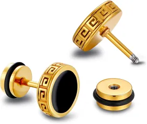 Hypoallergenic earrings for men,Mens surgical steel black stud earring jewelry,Great Wall wall grain round cake shape,Single black gel 0.4 inches wide