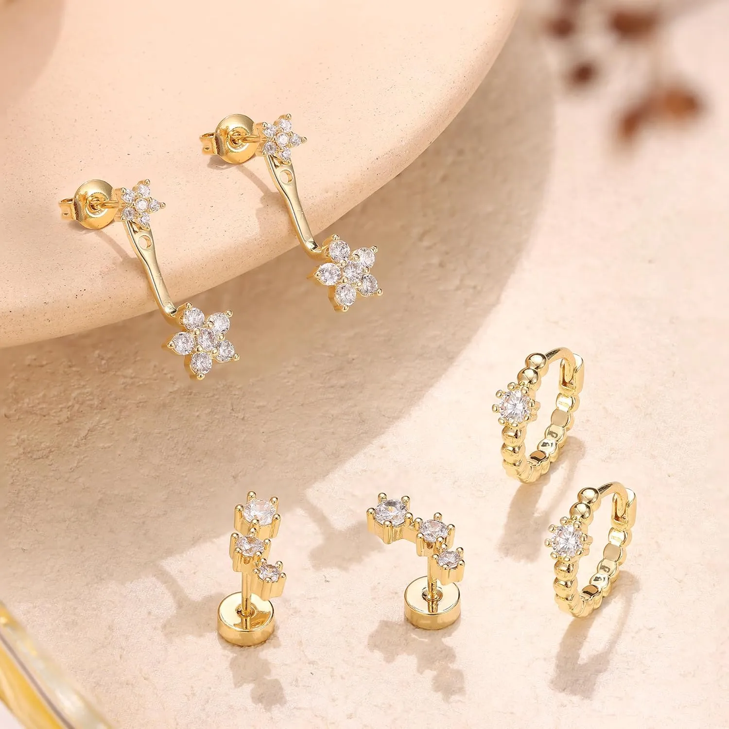 Hypoallergenic Gold Earrings Set for Multiple Piercings - Dainty 14K Gold Filled Sterling Silver Small Hoop Earrings for Women, Flat Back Stud earrings, Jacket Earring Stacks Cartilage Helix Conch Tragus Piercing