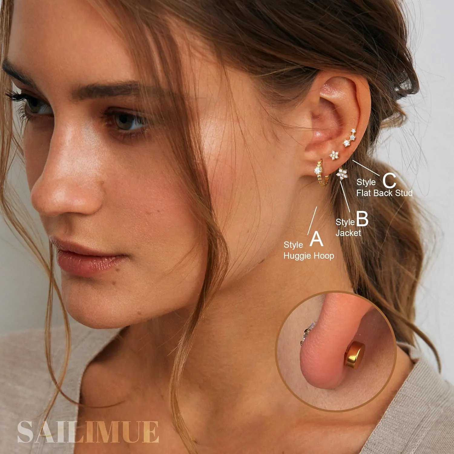 Hypoallergenic Gold Earrings Set for Multiple Piercings - Dainty 14K Gold Filled Sterling Silver Small Hoop Earrings for Women, Flat Back Stud earrings, Jacket Earring Stacks Cartilage Helix Conch Tragus Piercing