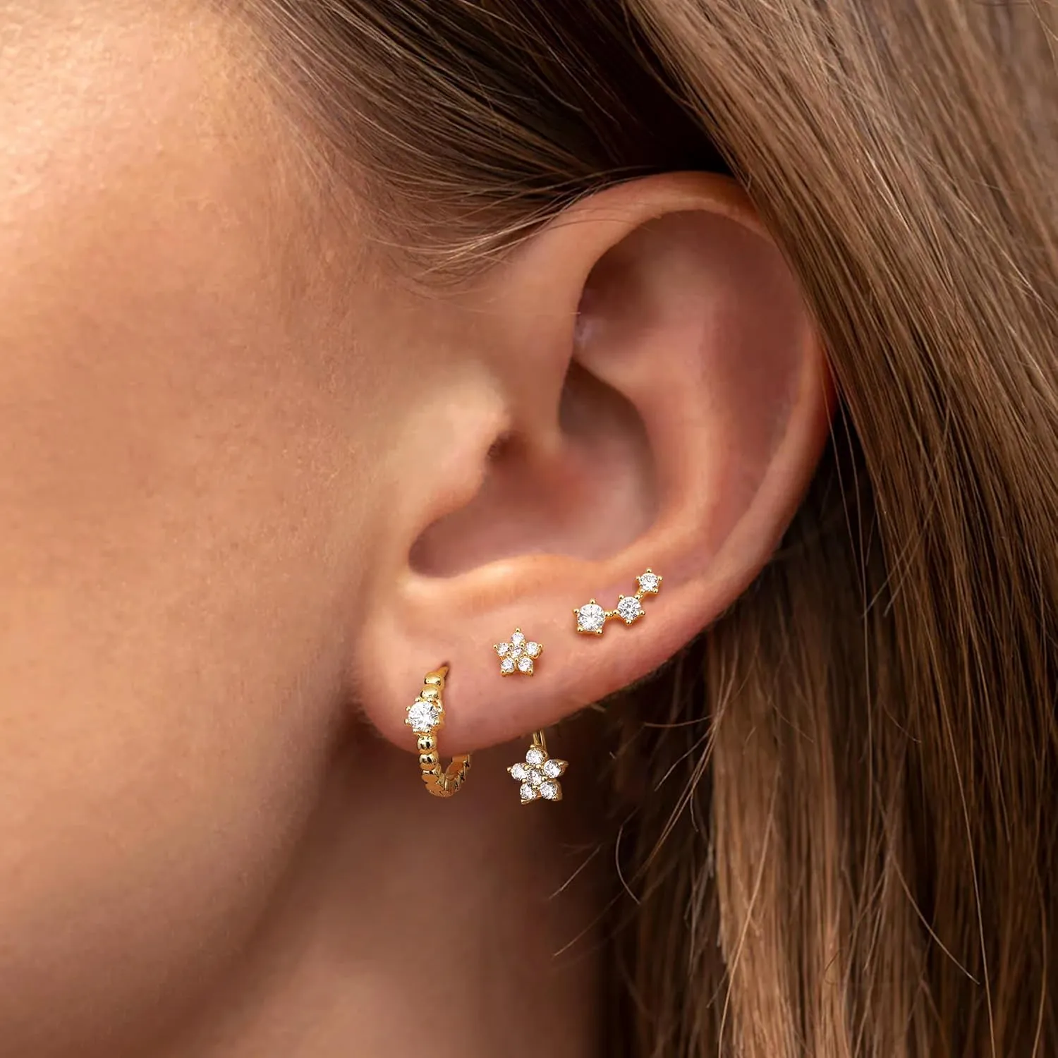 Hypoallergenic Gold Earrings Set for Multiple Piercings - Dainty 14K Gold Filled Sterling Silver Small Hoop Earrings for Women, Flat Back Stud earrings, Jacket Earring Stacks Cartilage Helix Conch Tragus Piercing
