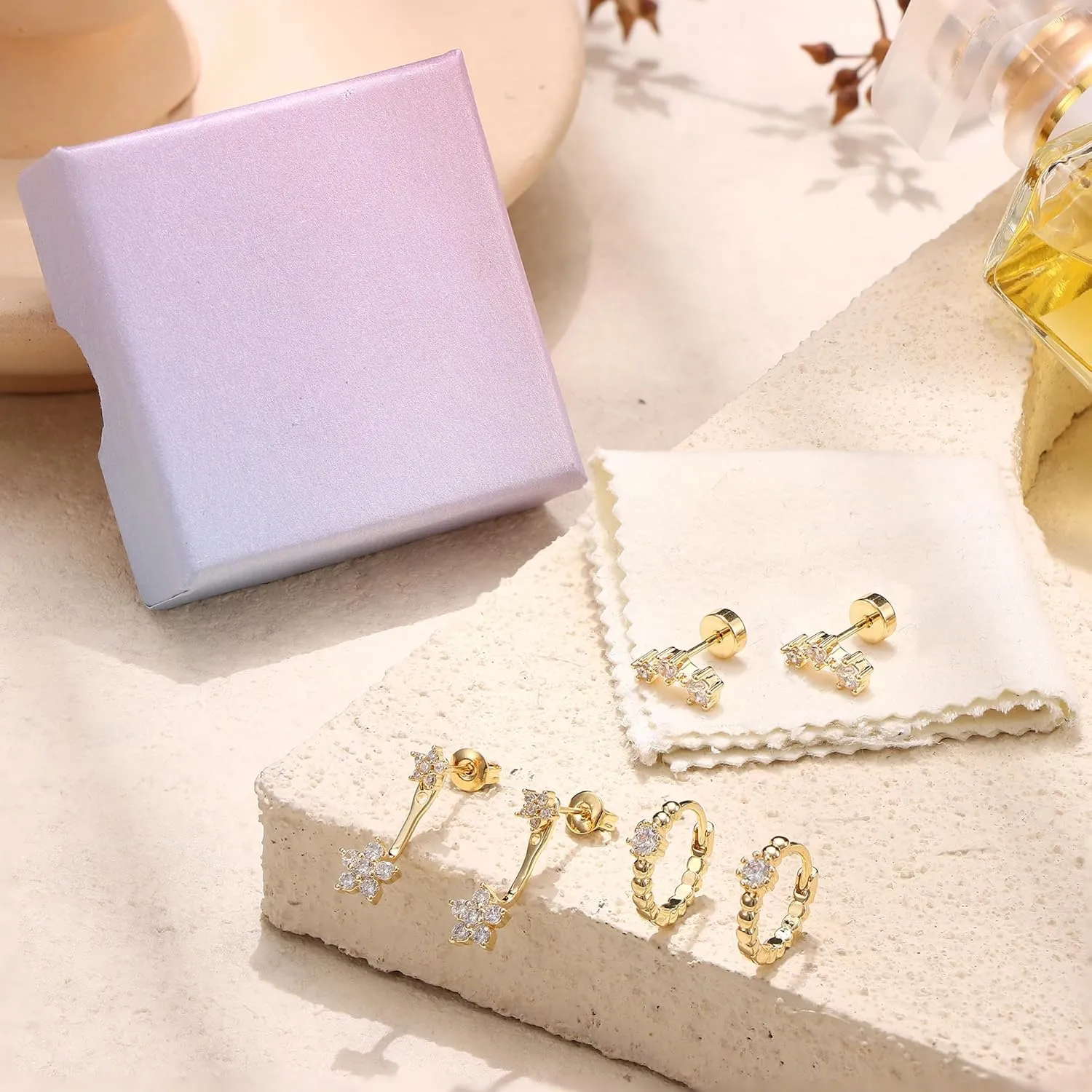 Hypoallergenic Gold Earrings Set for Multiple Piercings - Dainty 14K Gold Filled Sterling Silver Small Hoop Earrings for Women, Flat Back Stud earrings, Jacket Earring Stacks Cartilage Helix Conch Tragus Piercing