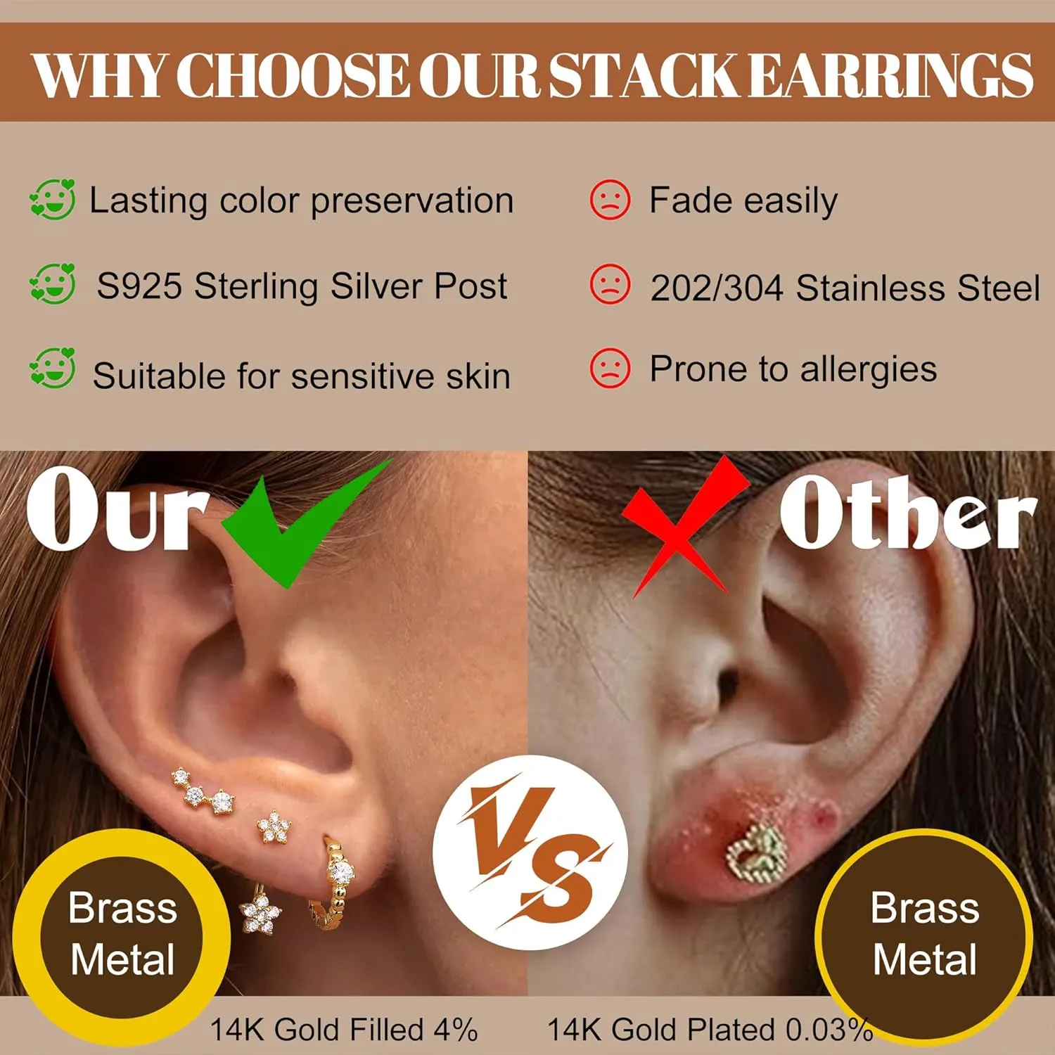 Hypoallergenic Gold Earrings Set for Multiple Piercings - Dainty 14K Gold Filled Sterling Silver Small Hoop Earrings for Women, Flat Back Stud earrings, Jacket Earring Stacks Cartilage Helix Conch Tragus Piercing