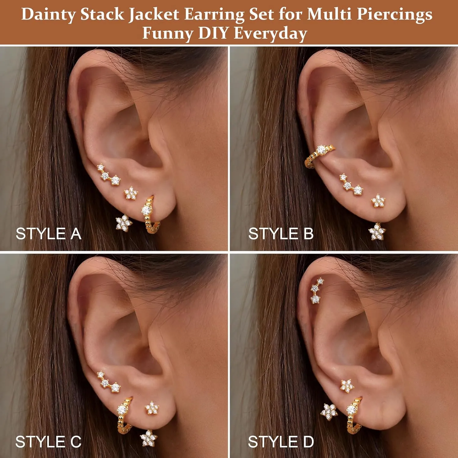 Hypoallergenic Gold Earrings Set for Multiple Piercings - Dainty 14K Gold Filled Sterling Silver Small Hoop Earrings for Women, Flat Back Stud earrings, Jacket Earring Stacks Cartilage Helix Conch Tragus Piercing