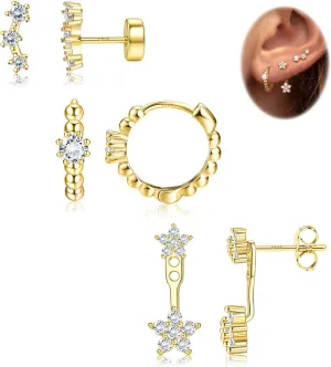 Hypoallergenic Gold Earrings Set for Multiple Piercings - Dainty 14K Gold Filled Sterling Silver Small Hoop Earrings for Women, Flat Back Stud earrings, Jacket Earring Stacks Cartilage Helix Conch Tragus Piercing