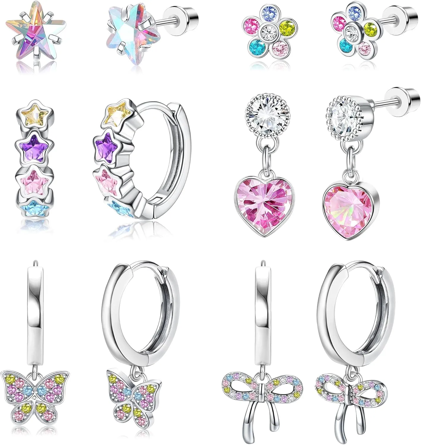 Hypoallergenic Screw Back Earrings for Girls - 316L Surgical Steel Stud Huggie Hoop Earrings for Sensitive Ears Cute Heart Butterfly Dangle Earrings Set for Women Multicolored 20G