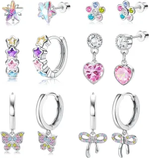 Hypoallergenic Screw Back Earrings for Girls - 316L Surgical Steel Stud Huggie Hoop Earrings for Sensitive Ears Cute Heart Butterfly Dangle Earrings Set for Women Multicolored 20G