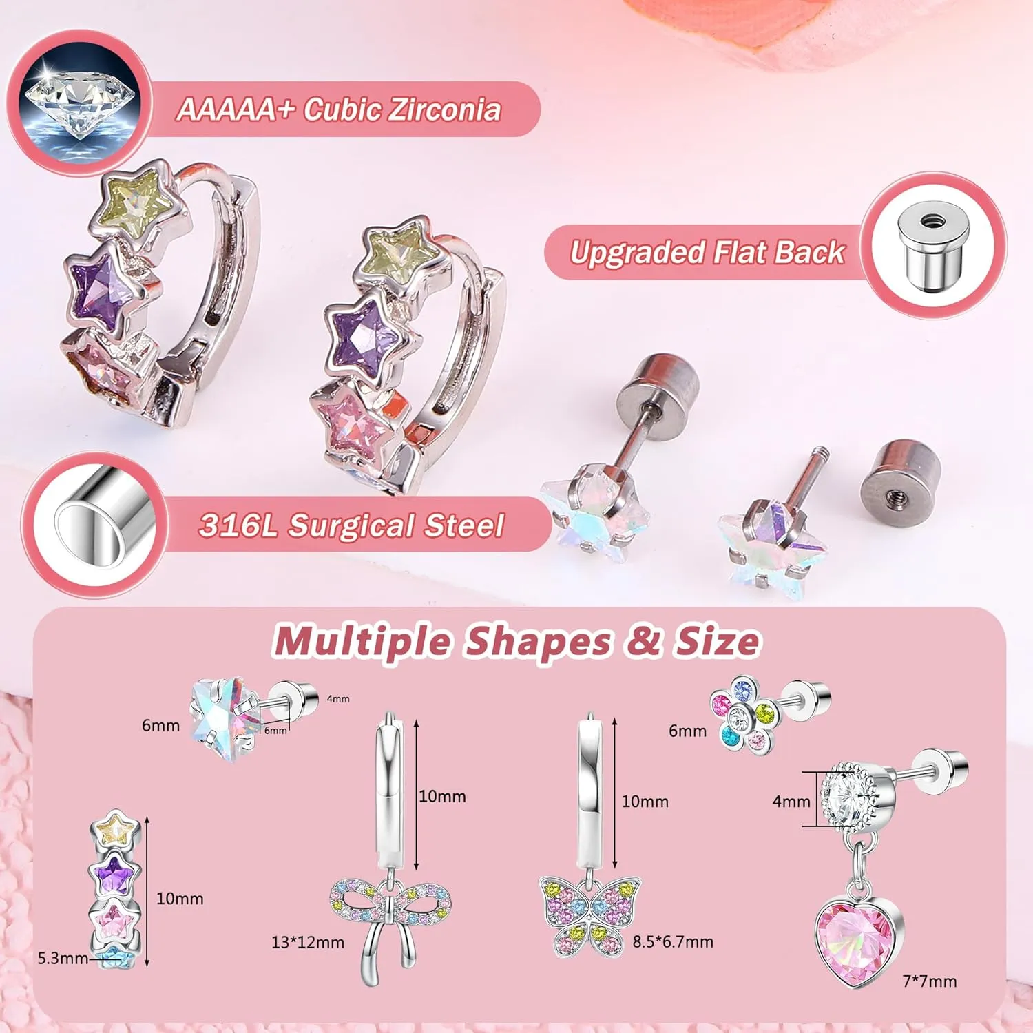 Hypoallergenic Screw Back Earrings for Girls - 316L Surgical Steel Stud Huggie Hoop Earrings for Sensitive Ears Cute Heart Butterfly Dangle Earrings Set for Women Multicolored 20G