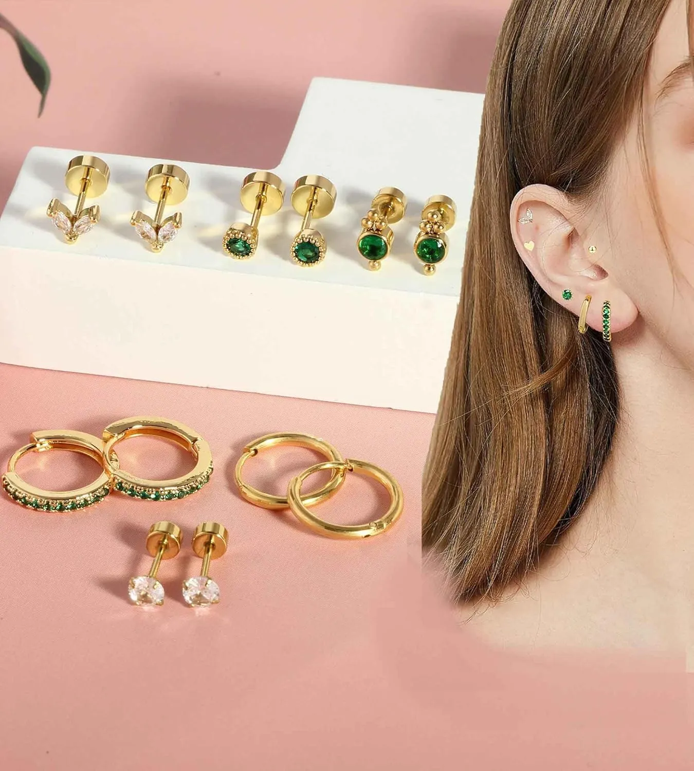 Hypoallergenic Surgical Steel Earrings for Sensitive Ears 14K Gold Flat Back Earrings for Women Men Small Conch Helix Tragus Earrings Flatback Stud Hoop Cartilage Earring Set for Multiple Piercing
