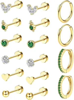 Hypoallergenic Surgical Steel Earrings for Sensitive Ears 14K Gold Flat Back Earrings for Women Men Small Conch Helix Tragus Earrings Flatback Stud Hoop Cartilage Earring Set for Multiple Piercing