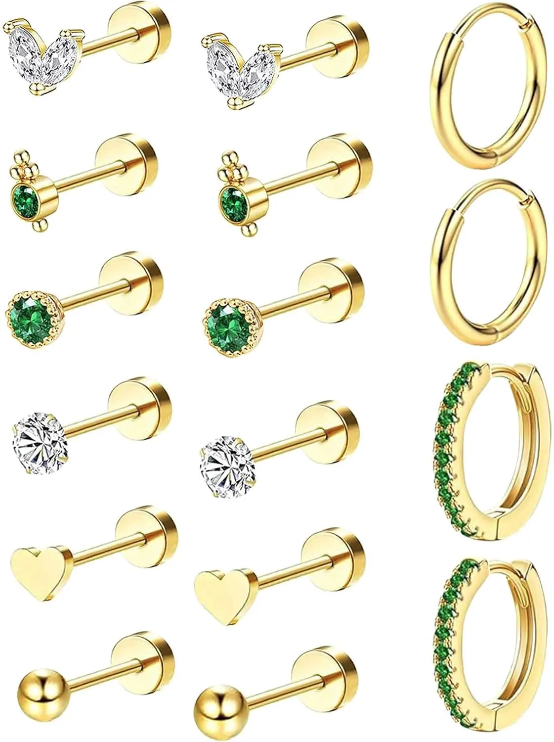 Hypoallergenic Surgical Steel Earrings for Sensitive Ears 14K Gold Flat Back Earrings for Women Men Small Conch Helix Tragus Earrings Flatback Stud Hoop Cartilage Earring Set for Multiple Piercing