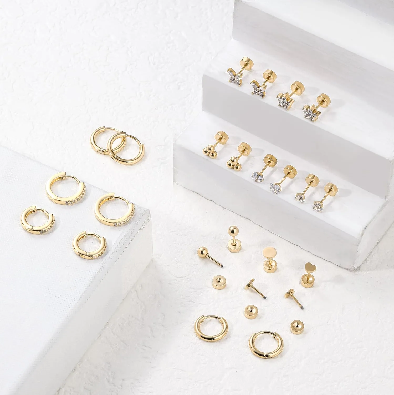 Hypoallergenic Surgical Steel Earrings for Women Men Sensitive Ears Dainty 14K Gold Stainless Steel Earrings Flat Back Gold Small Stud Hoop Cartilage Earring Set for Multiple Piercing
