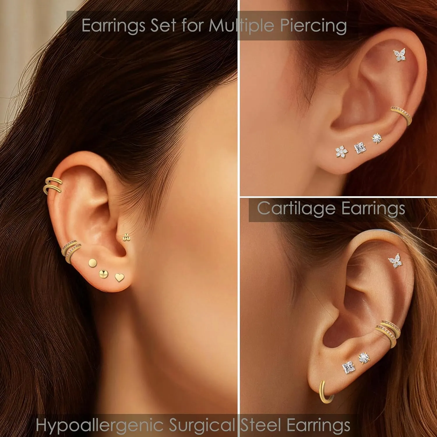 Hypoallergenic Surgical Steel Earrings for Women Men Sensitive Ears Dainty 14K Gold Stainless Steel Earrings Flat Back Gold Small Stud Hoop Cartilage Earring Set for Multiple Piercing