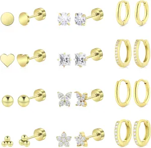Hypoallergenic Surgical Steel Earrings for Women Men Sensitive Ears Dainty 14K Gold Stainless Steel Earrings Flat Back Gold Small Stud Hoop Cartilage Earring Set for Multiple Piercing