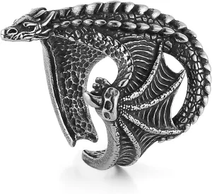 HZMAN Dragon Ring for Men Biker Stainless Steel Retro Gothic Punk Flying Dragon Rings Halloween Party Jewelry Gift