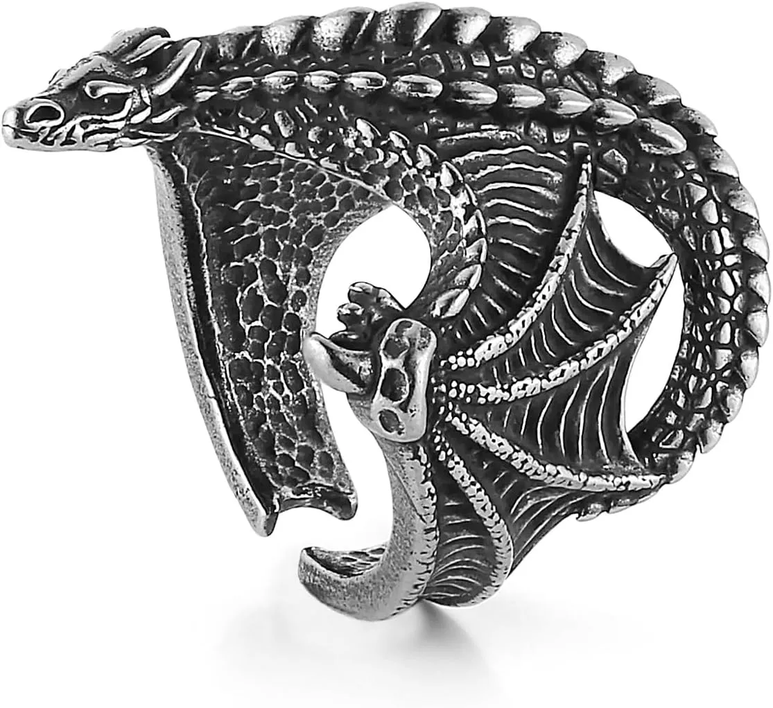 HZMAN Dragon Ring for Men Biker Stainless Steel Retro Gothic Punk Flying Dragon Rings Halloween Party Jewelry Gift