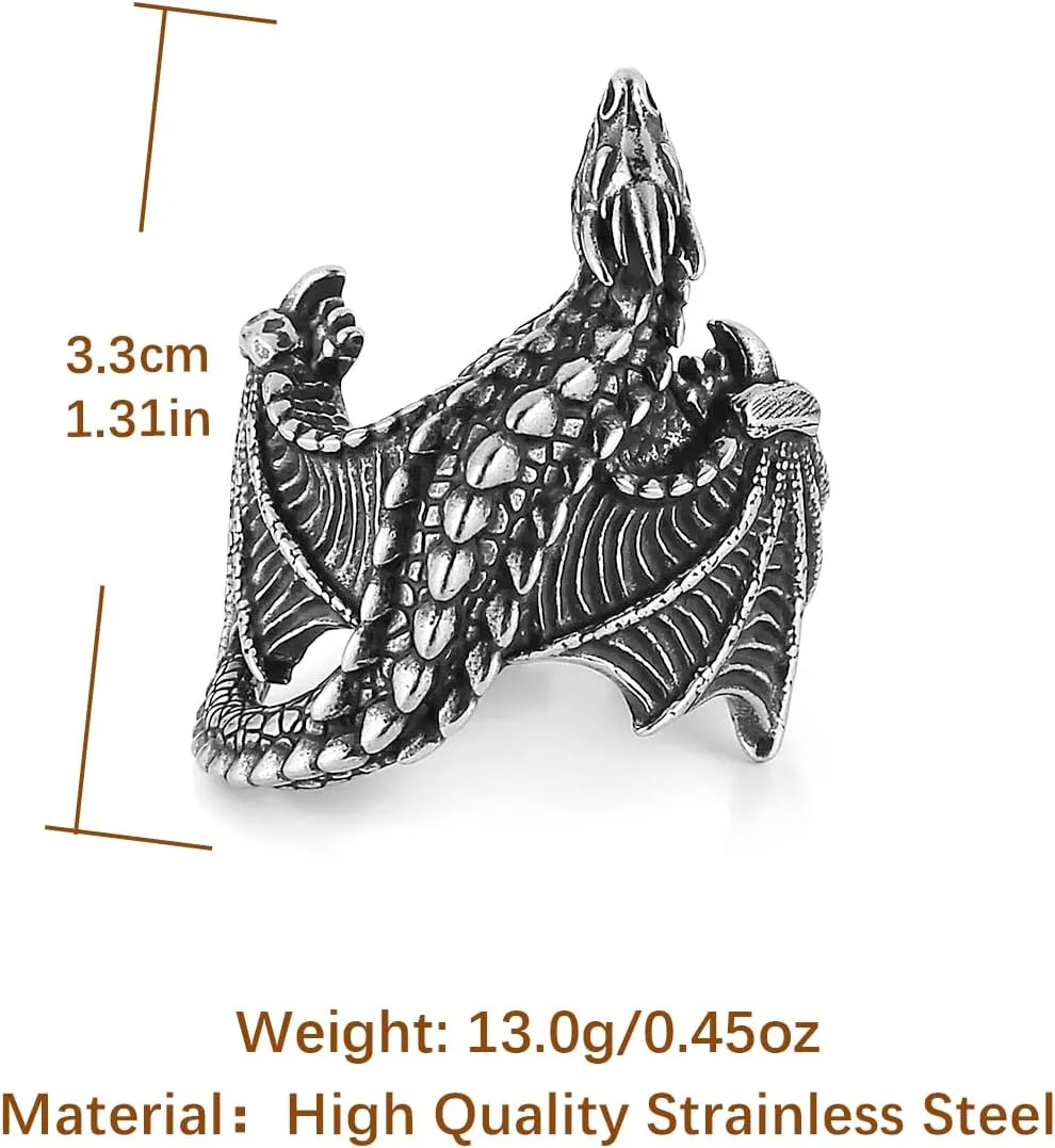 HZMAN Dragon Ring for Men Biker Stainless Steel Retro Gothic Punk Flying Dragon Rings Halloween Party Jewelry Gift