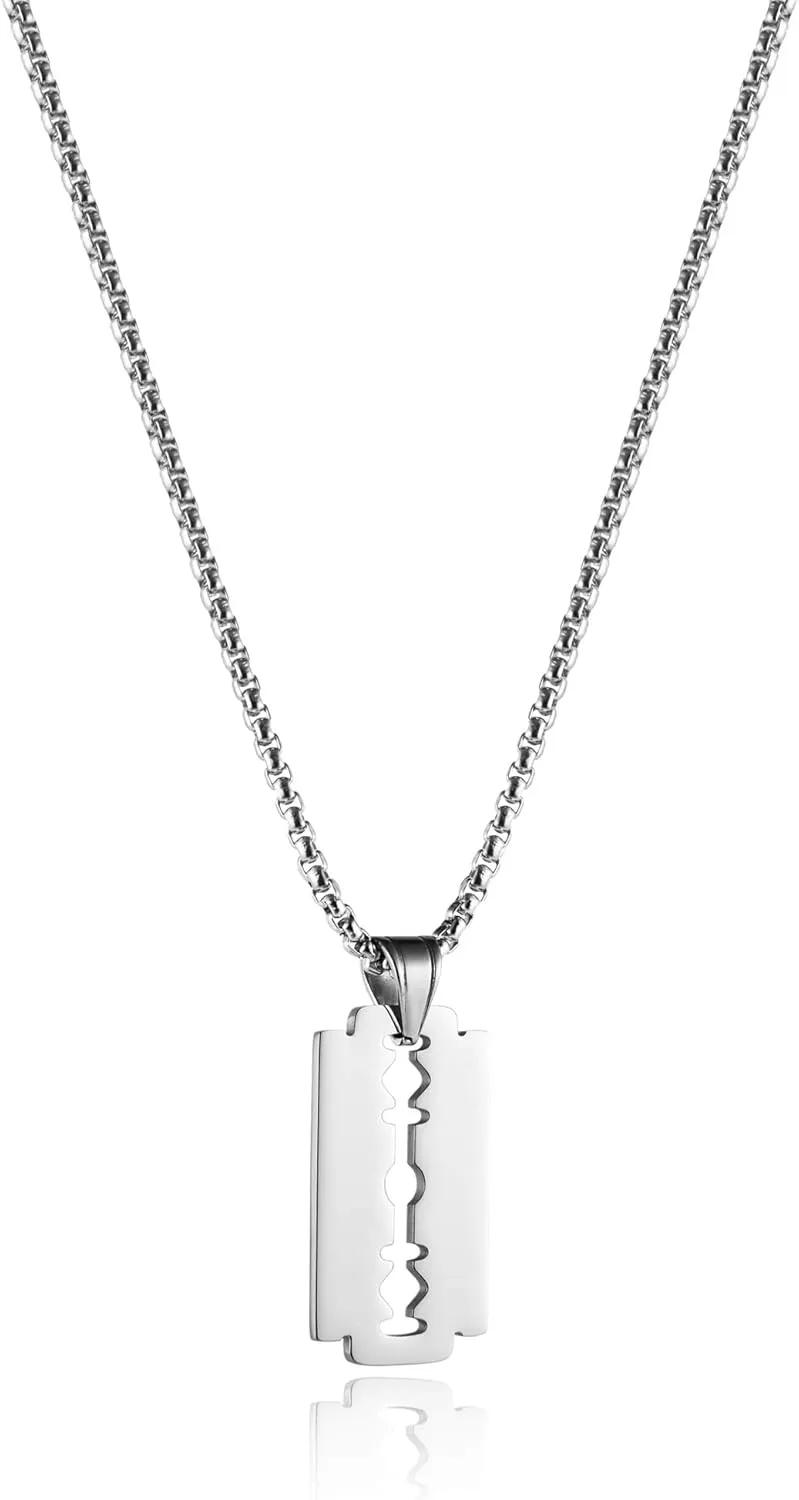 HZMAN Mens Stainless Steel Razor Blade Model Dog Tag Pendant Hip Hop Necklace,22 2" Chain