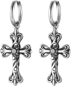 HZMAN Retro Cross Dangle Drop Earring for Men Women Stainless Steel Gothic Punk Rose Cross Party Wedding Huggie Hoop Earring Jewelry Gift (Black)