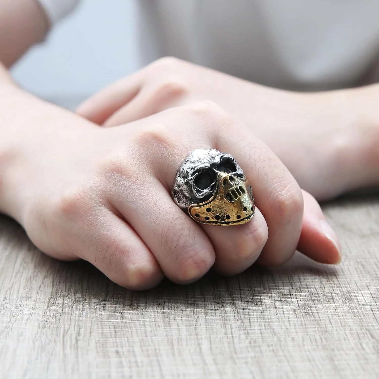 HZMAN Skull Ring for Men Chunky Stainless Steel Gothic Ring Jason Mask Ring Halloween Jewelry Gift