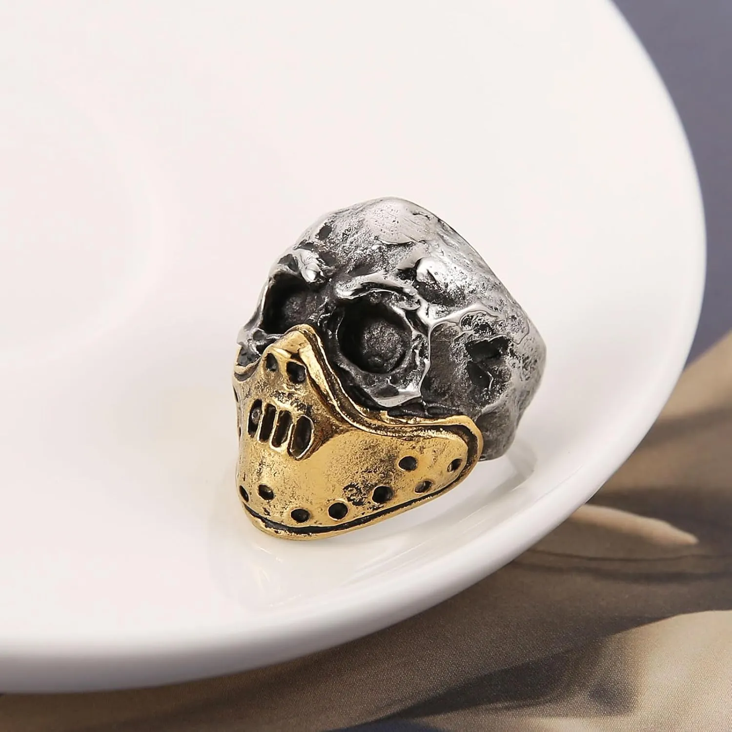 HZMAN Skull Ring for Men Chunky Stainless Steel Gothic Ring Jason Mask Ring Halloween Jewelry Gift