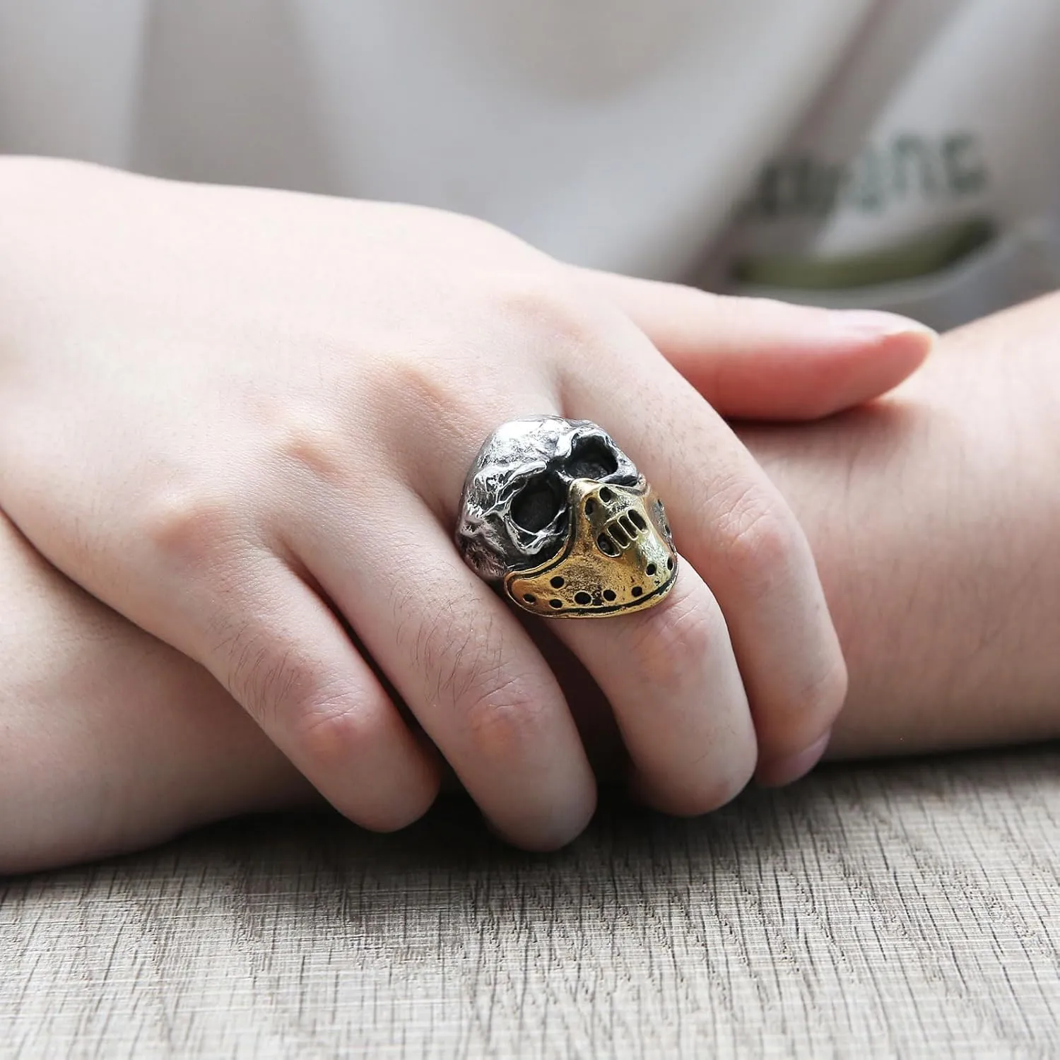 HZMAN Skull Ring for Men Chunky Stainless Steel Gothic Ring Jason Mask Ring Halloween Jewelry Gift