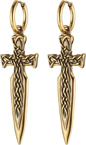 HZMAN Sword/Cross/Awl Spike Dangle Earrings for Men Women Gothic Punk Stainless Steel Hinged Huggie Hoop Earring Jewelry Gift
