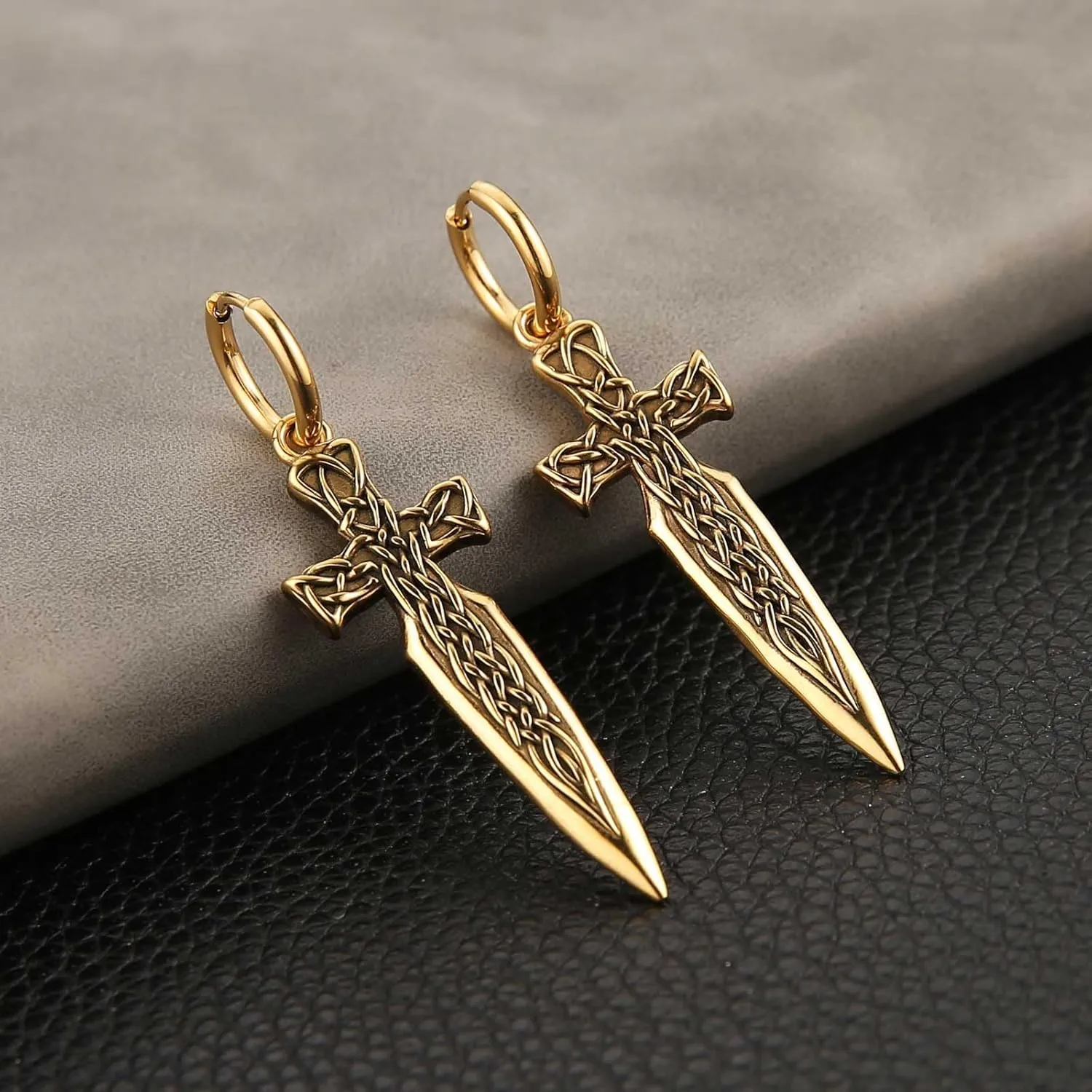 HZMAN Sword/Cross/Awl Spike Dangle Earrings for Men Women Gothic Punk Stainless Steel Hinged Huggie Hoop Earring Jewelry Gift