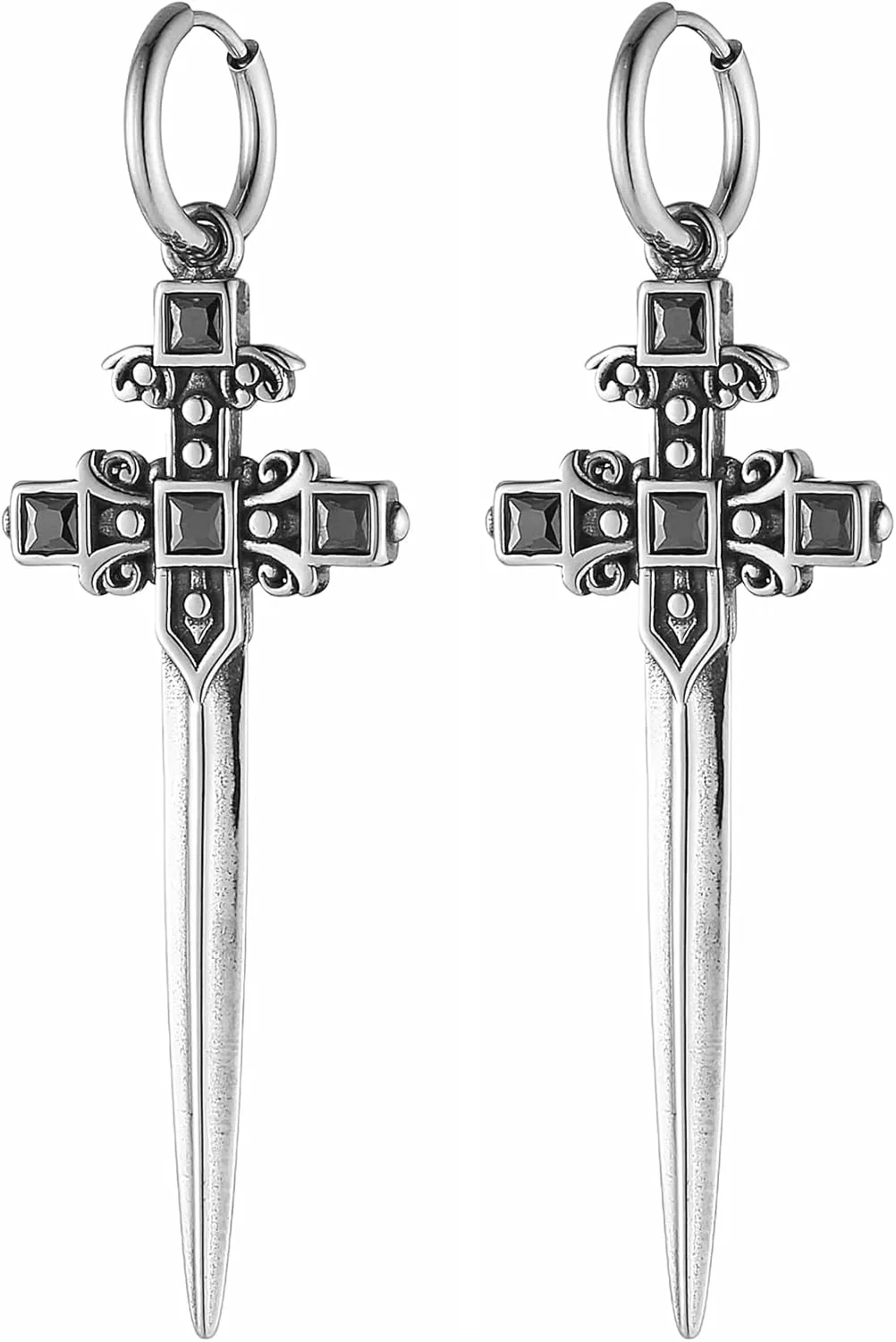 HZMAN Sword/Cross/Awl Spike Dangle Earrings for Men Women Gothic Punk Stainless Steel Hinged Huggie Hoop Earring Jewelry Gift