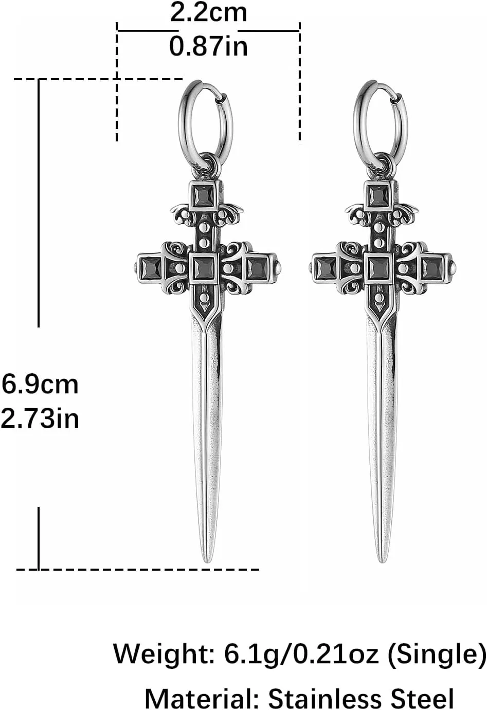 HZMAN Sword/Cross/Awl Spike Dangle Earrings for Men Women Gothic Punk Stainless Steel Hinged Huggie Hoop Earring Jewelry Gift