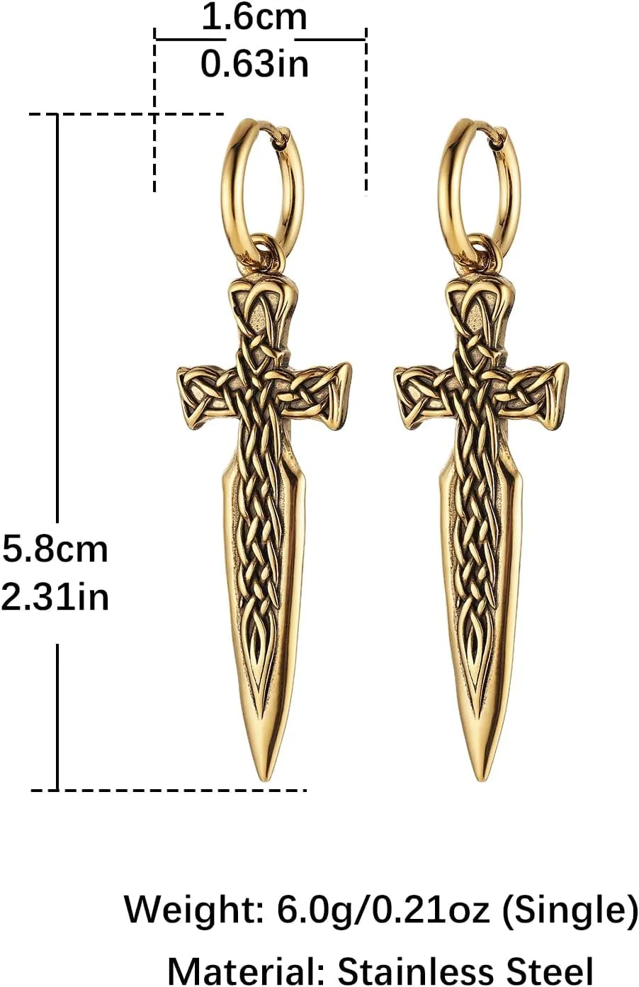 HZMAN Sword/Cross/Awl Spike Dangle Earrings for Men Women Gothic Punk Stainless Steel Hinged Huggie Hoop Earring Jewelry Gift