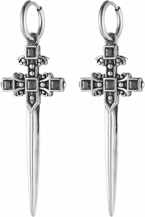 HZMAN Sword/Cross/Awl Spike Dangle Earrings for Men Women Gothic Punk Stainless Steel Hinged Huggie Hoop Earring Jewelry Gift