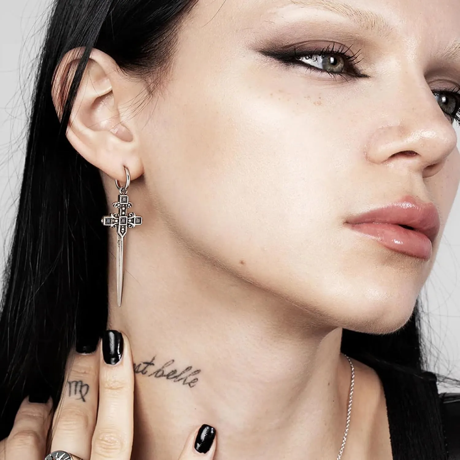 HZMAN Sword/Cross/Awl Spike Dangle Earrings for Men Women Gothic Punk Stainless Steel Hinged Huggie Hoop Earring Jewelry Gift