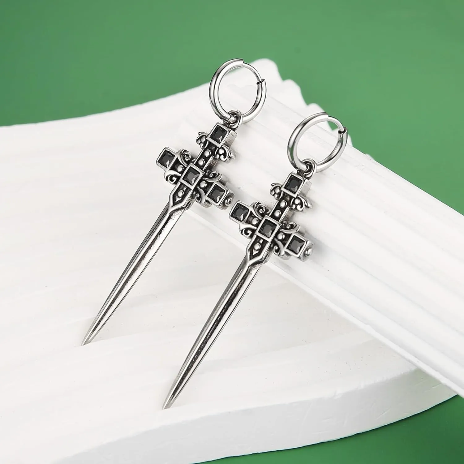 HZMAN Sword/Cross/Awl Spike Dangle Earrings for Men Women Gothic Punk Stainless Steel Hinged Huggie Hoop Earring Jewelry Gift