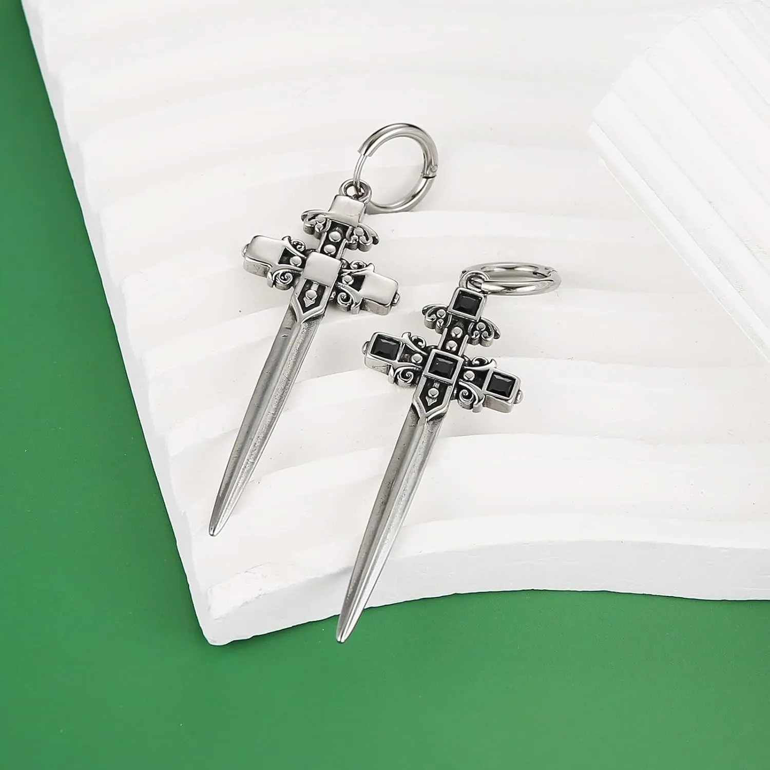 HZMAN Sword/Cross/Awl Spike Dangle Earrings for Men Women Gothic Punk Stainless Steel Hinged Huggie Hoop Earring Jewelry Gift