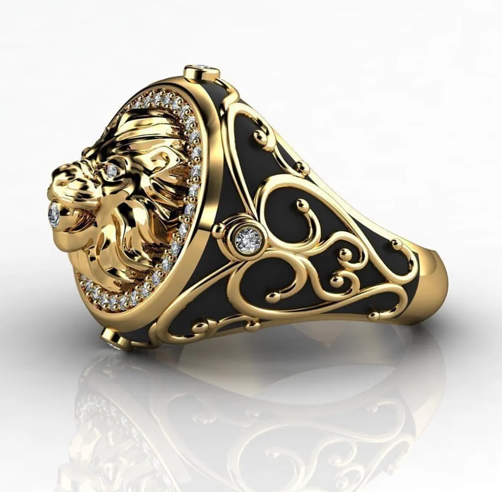 Iced Out Lion Head Ring for Men Gothic Roaring Norse Viking Lion Animal 18K Gold Plated Vintage Retro CZ Crystal Diamond Punk Rock Bling Lion Ring(10)